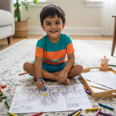 Happy Family Living Room Coloring Sheet – Parents, Baby Boy & Grandparents | A4 Activity for Family Bonding