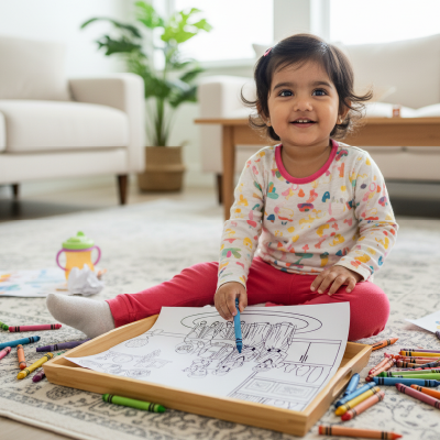 Happy Family Living Room Coloring Sheet – Parents, Baby Girl & Grandparents | A4 Activity for Family Bonding
