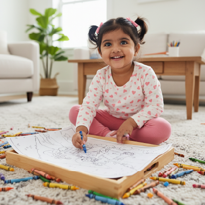 Family Picnic Coloring Sheet (Toddler & Elder Sister) – Riverbank Edition | A4 Activity for Parents & Kids