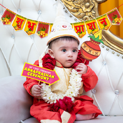 Zyozique Annaprasanam Photo Booth Props with Annaprasanam Paper Bunting Paper Banner Hindi Font Shubh Annaprashan