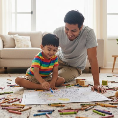 Family Time Coloring Sheet – Playing in the Living Room Edition - Baby Boy | A4 Activity for Parents & Kids