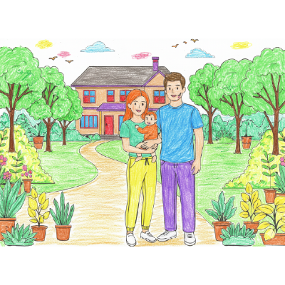 Family Time Coloring Sheet – Home Garden with Baby Boy Edition | A4 Activity for Parents & Kids