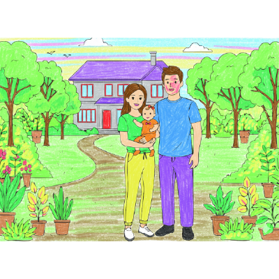 Family Time Coloring Sheet – Home Garden with Baby Girl Edition | A4 Activity for Parents & Kids