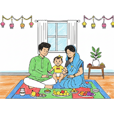 Family Time Coloring Sheet – Festival Edition - Baby Girl | A4 Activity for Parents & Kids