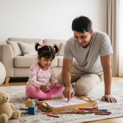 Family Time Coloring Sheet – Playing in the Living Room Edition - Baby Girl | A4 Activity for Parents & Kids