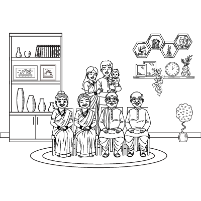 Happy Family Living Room Coloring Sheet – Parents, Baby Boy & Grandparents | A4 Activity for Family Bonding