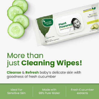 Mother Sparsh Natural Care Baby Wipes I 100% Plant Made Fabric From Forest Land, Fresh + Cleanse (with Cucumber) Plant Powered Wet Wipes For Baby I Cotton Cloth Like Bigger Sheets | 60 Pcs