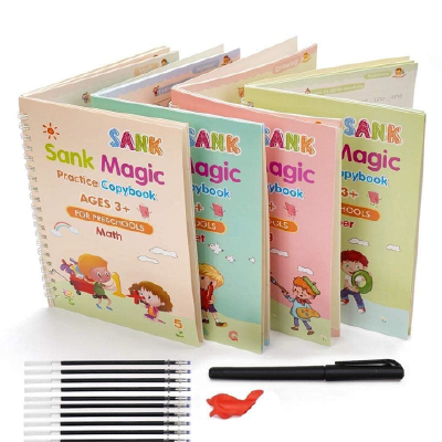 SHNMN Sank Magic Practice Copybook, (4 BOOK +1 PEN + 10 REFILL) Number Tracing Book for Preschoolers with Pen, Magic calligraphy books for kids Reusable Writing Tool